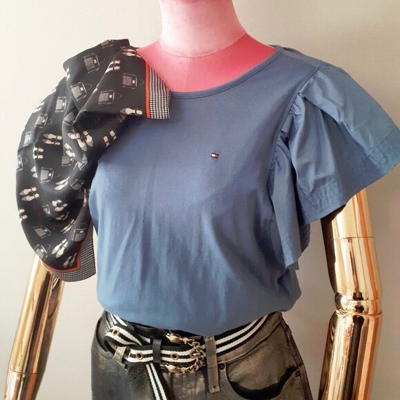 NWT Tommy Hilfiger blue cotton blend ruffle sleeve t-shirt, S - Picture 3 of 7